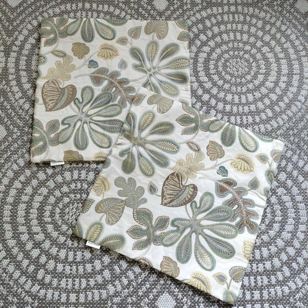 2 Mika Home Pillow Covers Botanical Leaf Embroidered Cottage Prairie Coastal Set